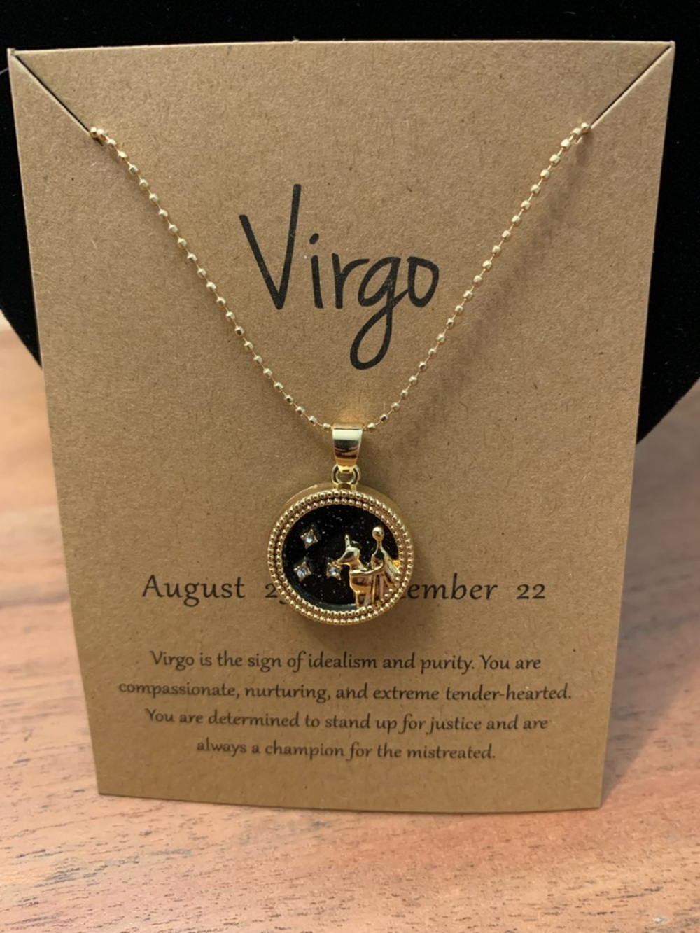 Virgo Gold Zodiac Pendant Necklace with Black Glitter Disc